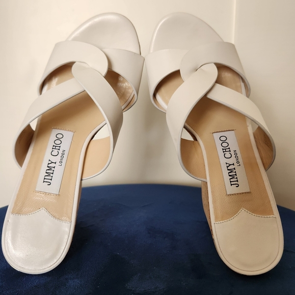 SOLD - JIMMY CHOO Atia 100 Leather Wedge Sandals in White, Size EU 35 / US 5 - Picture 6 of 7